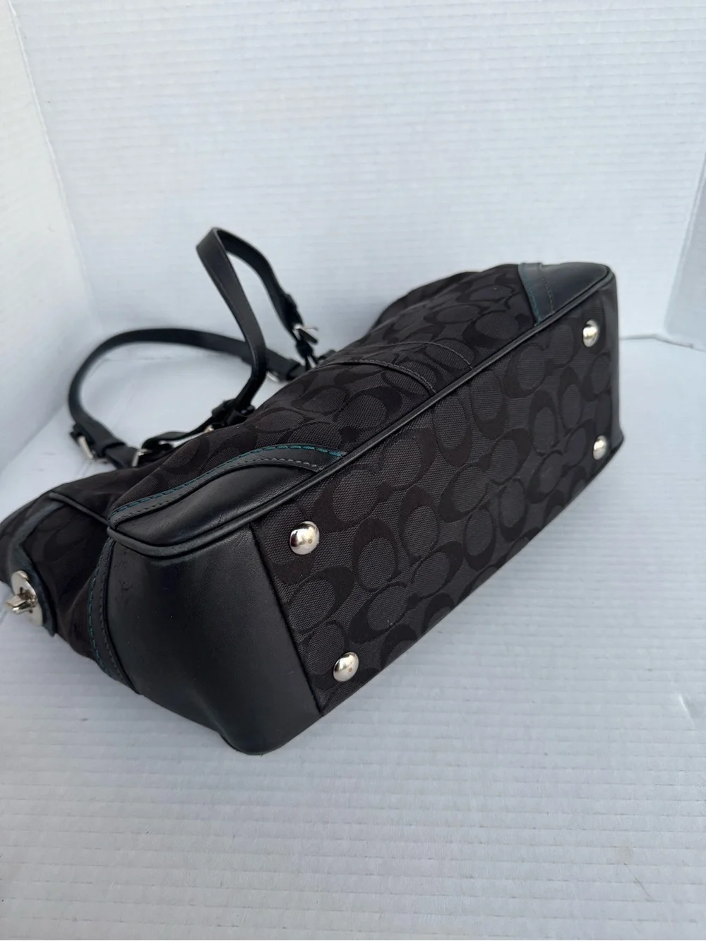 Coach Signature Gallery Tote 8K49 Black Jacquard with Turquoise Trim